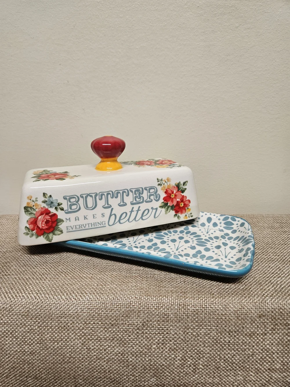 The Pioneer Woman Floral Butter Dish with Red Knob
